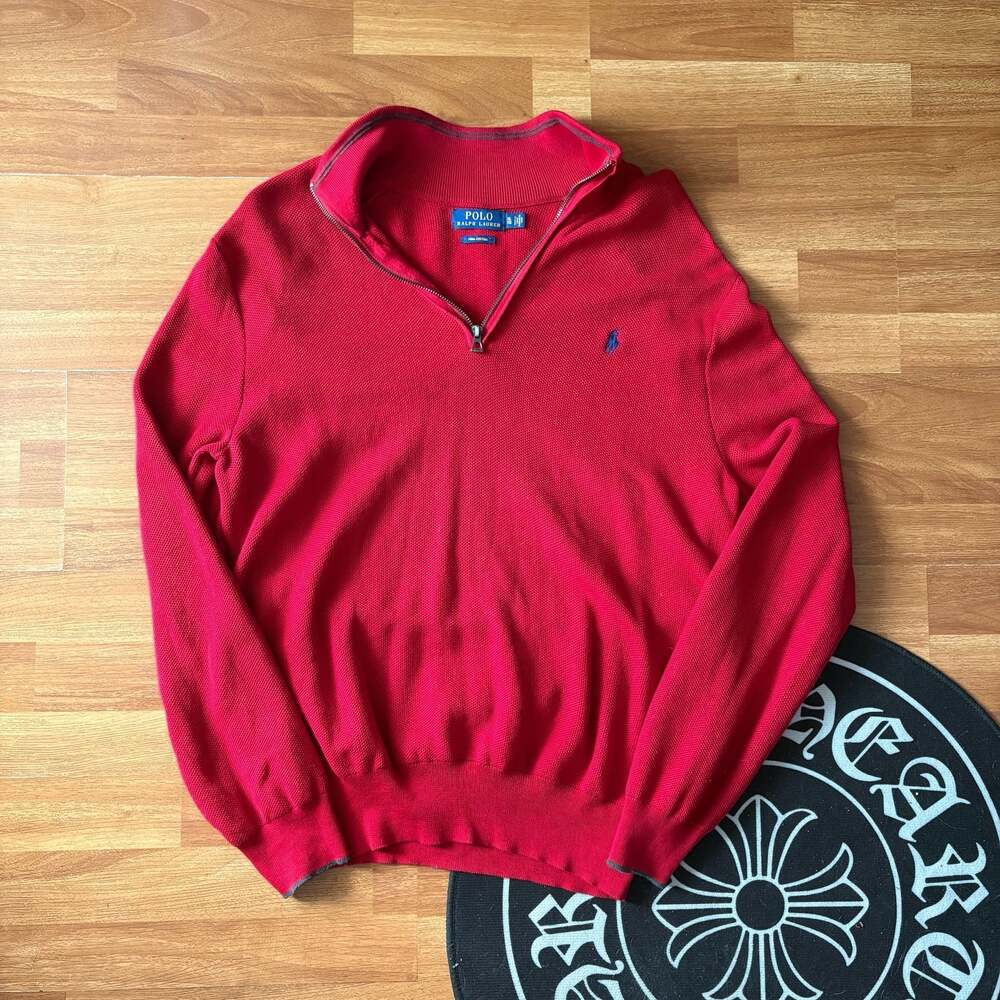 Polo Ralph Lauren Men's Red Pima Cotton Quarter-Zip Waffle-Knit Sweater - Picture 1 of 6
